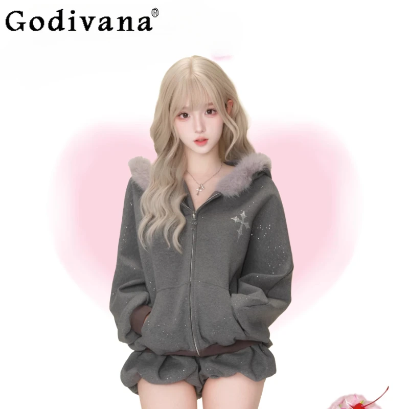 

Autumn Winter Shiny Jacket and Shiny Shorts Two Pieces Suits Women Japanese Style Sweet Short Outfits Female Lolita Hooded Set