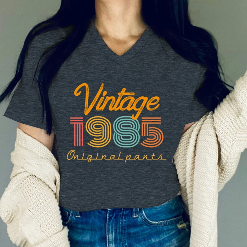 39th Birthday Gift V-neck Women's Clothing Vintage 1985 Original Parts Graphic T Shirts Women 39 Years Old Essential T-shirts