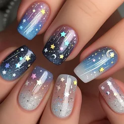 Summer Sweetheart Handmade Nails Press Ons Short Coffin Fake Nails Dreamy Stars Moon Press on Nails Colorful Cute Nail for Girls