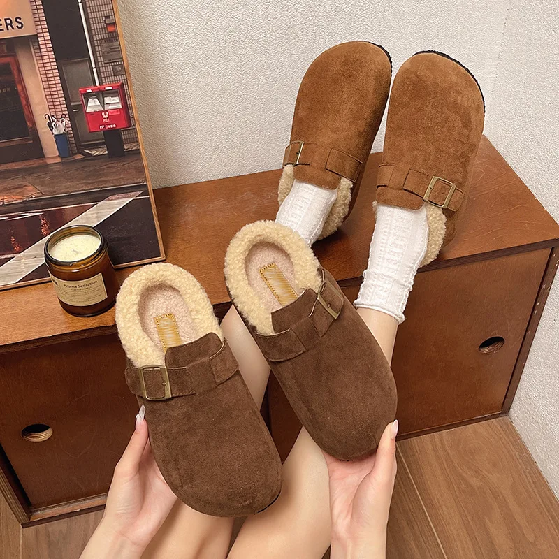 

Cute Lazy Furry Shoes Closed-Toe Slippers 2025 New autumn and winter style vintage thick-soled women's shoes with fleece