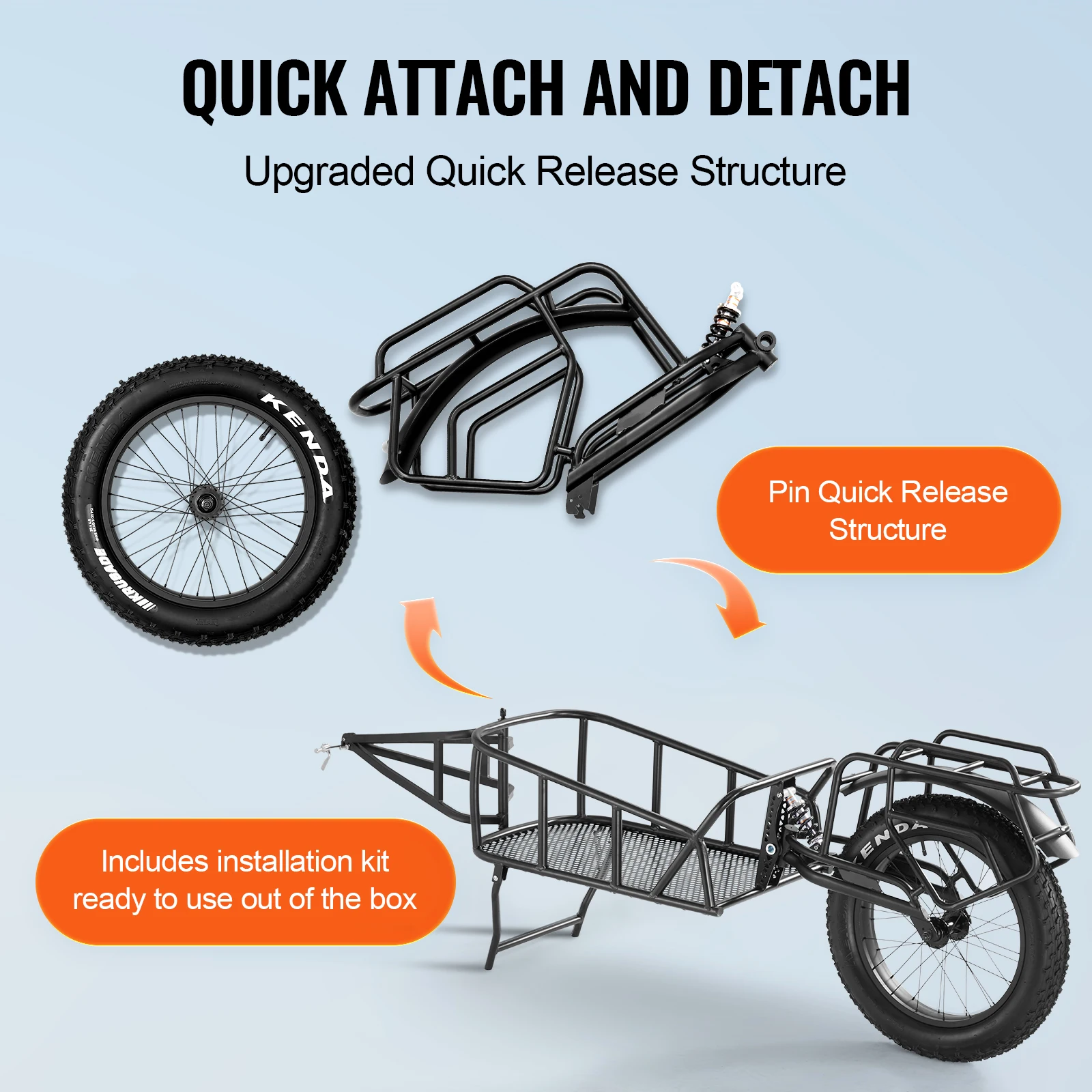 VEVOR Remorque de vélo, capacité de charge de 32 kg, chariot de vélo, rangement compact et structure à dégagement rapide, roues de 508 mm, convient à la plupart des roues de vélo, en acier au carbone