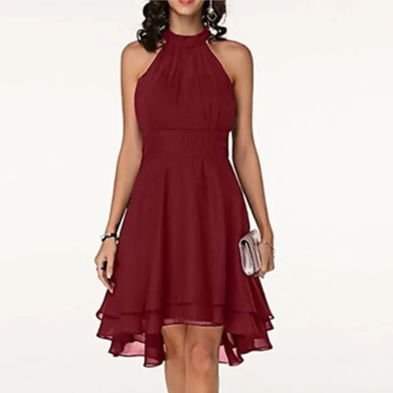 패션 여성 여름 높은 허리 쉬폰 드레스 우아한 민소매 불규칙한 밑단 여성 의류 여성을위한 저녁 파티 드레스