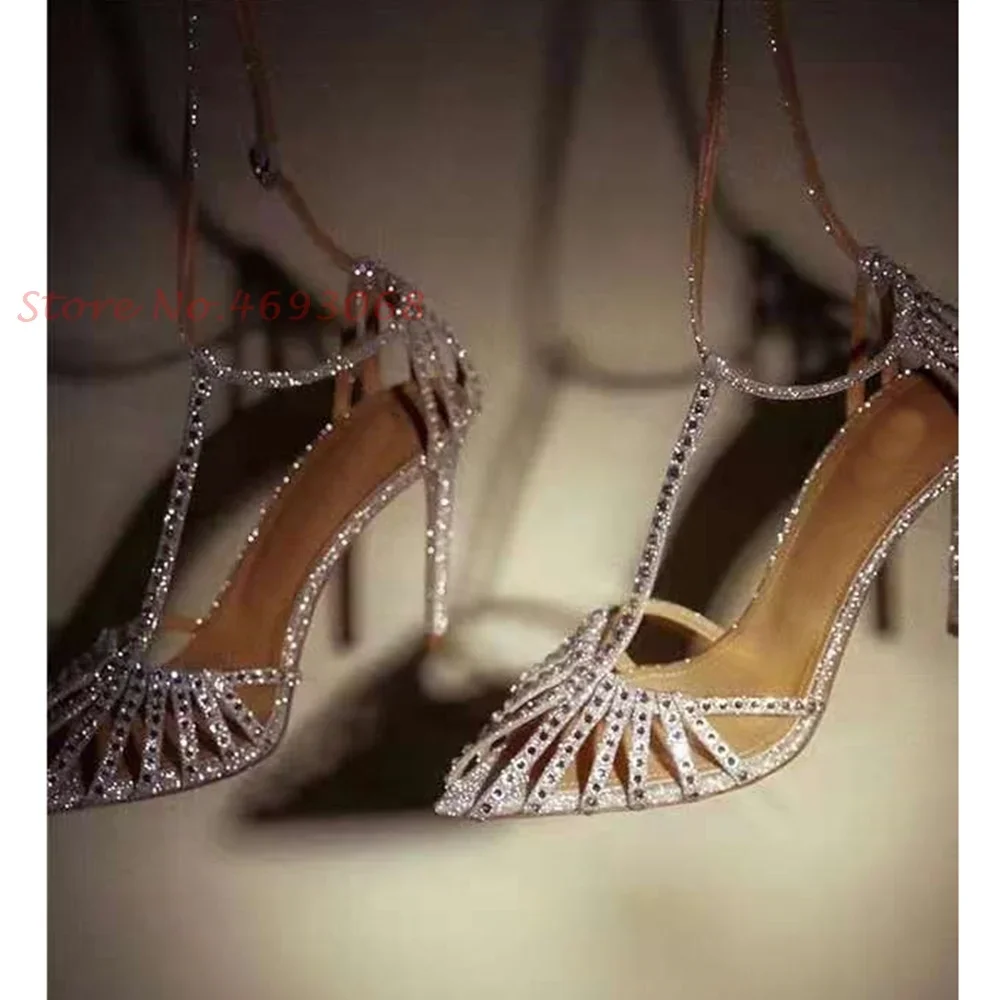 

Silver Crystal Wedding Cross Sandals Women T-strap Thin Heel Bling Luxury Pumps Casual Party Peep Toe 2022 Women Summer Sandals