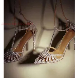 Sandalias cruzadas de cristal plateado para mujer, zapatos de tacón fino con correa en T, ostentosos, de lujo, informales, para fiesta, Punta abierta, verano, 2022