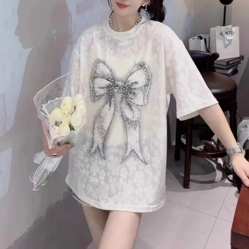 

Korean-style Rhinestone Bow Round Neck Mid-sleeve T-shirt Women's 2025 Summer New Loose Slim-fit Top