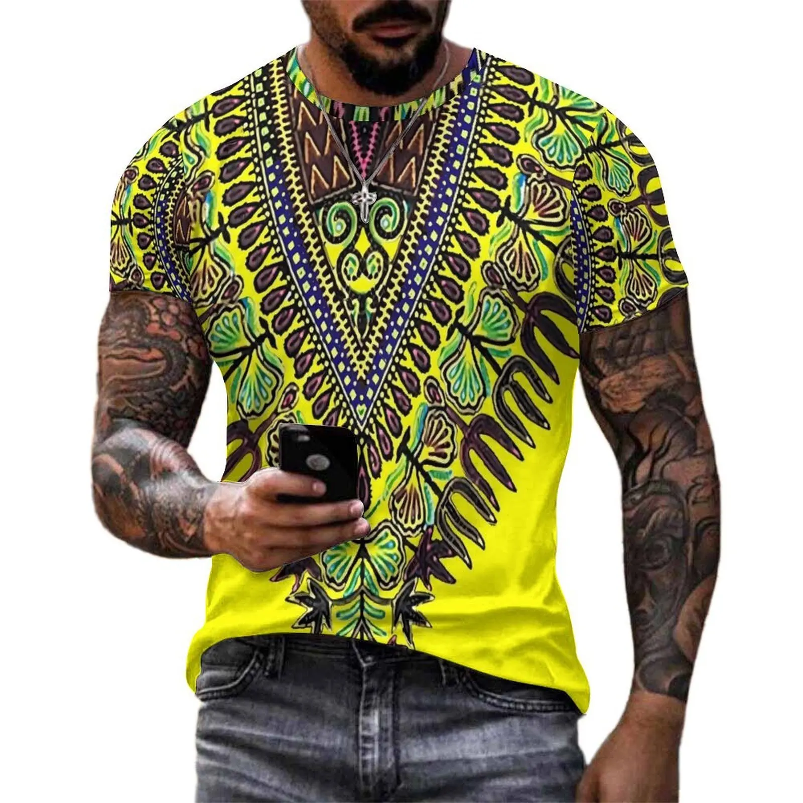 Yellow Dashiki T-Shirt African Print Hip Hop T-Shirts Short Sleeve Graphic Tops Hot Summer Classic Plus Size Top Tees