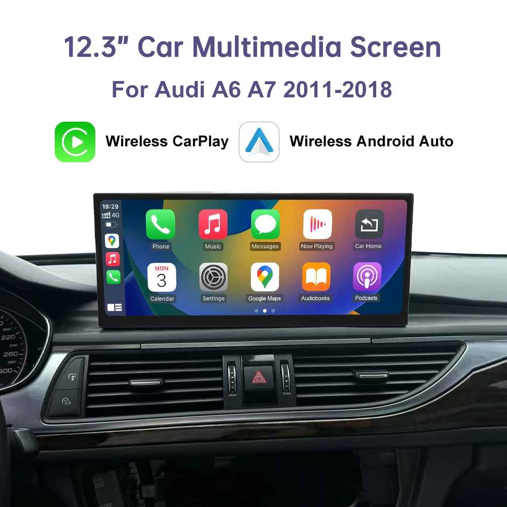 Road Top 12,3-Zoll-Drahtloses CarPlay Android Auto Airplay Autoradio Linux-Bildschirm für Audi A6 C6 A7 C7 2011-2018