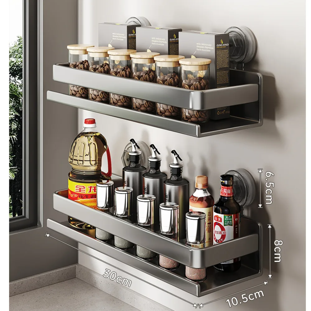 

Kitchen Bathroom Accessories Suction Cup Storage Rack Non Perforated Wall Mounted Multifunctional Metallic Household Supplies