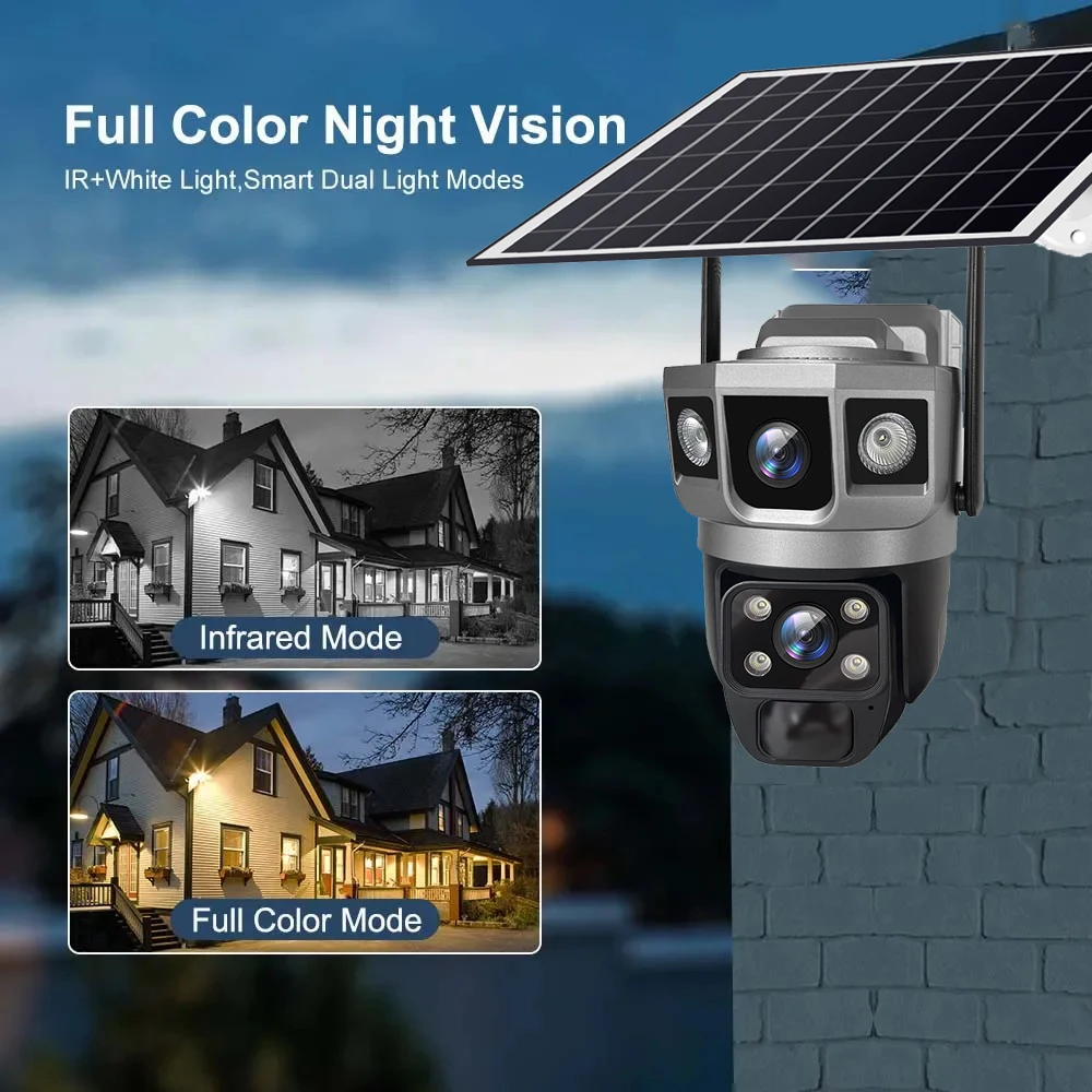 เลนส์คู่ 4G ซิมการ์ดพลังงานแสงอาทิตย์กล้องวงจรปิด 8MP PIR มนุษย์ตรวจจับความปลอดภัยป้องกันกล้อง WIFI Night Vision Video Recorder แบตเตอรี่ในตัว