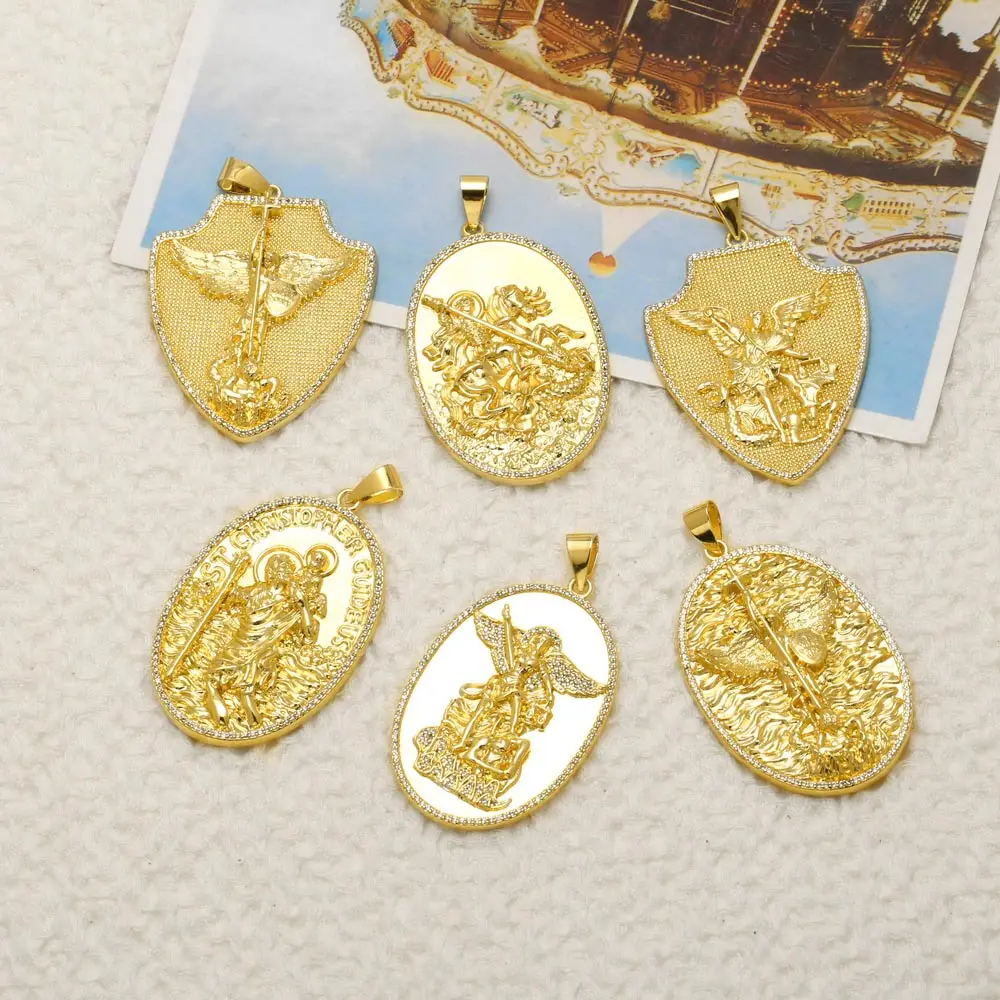 OCESRIO St Michael Medals for Necklace Gold Plated Copper Saint Christopher Shield Pendant Jewelry Making Supplies pdtb919 view 3