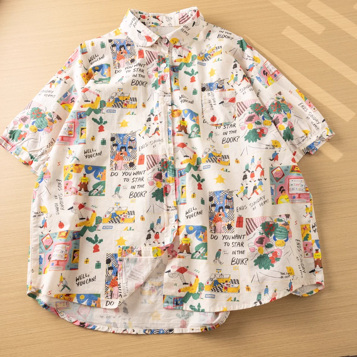 100% Cotton Harajuku Fashion Cartoon Print Shirt and Blouses for Women Summer Original Hawaiian Shirt Summer Holiday Tops