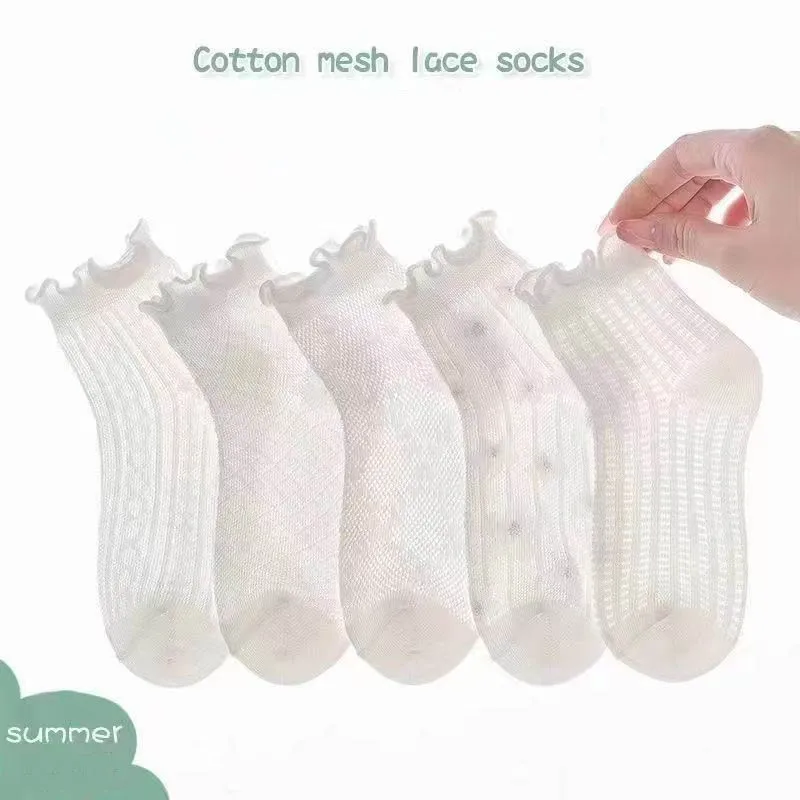 5 Pairs Sets Cotton Baby Girls Short Tube Mesh Socks Summer Girls Thin Breathable Lace Socks Ruffle Frilly Socks For 1-12Y Girls