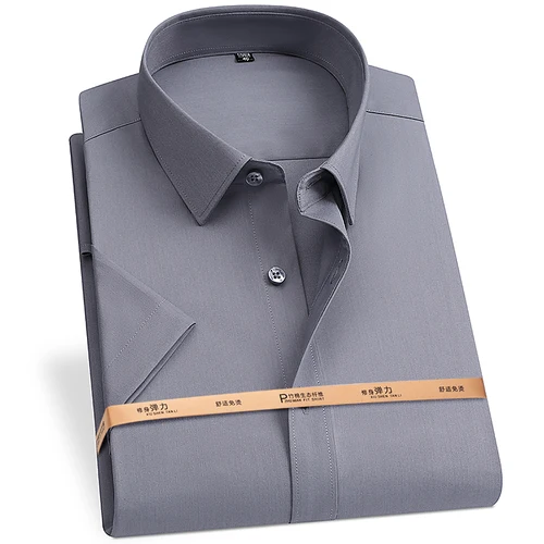 Imagen 1 del producto Camisa de manga corta de fibra de bambú para hombre, camisa Formal de negocios de verano resistente a las arrugas, no planchado, negro, blanco, azul y gris, 7XL-8XL
