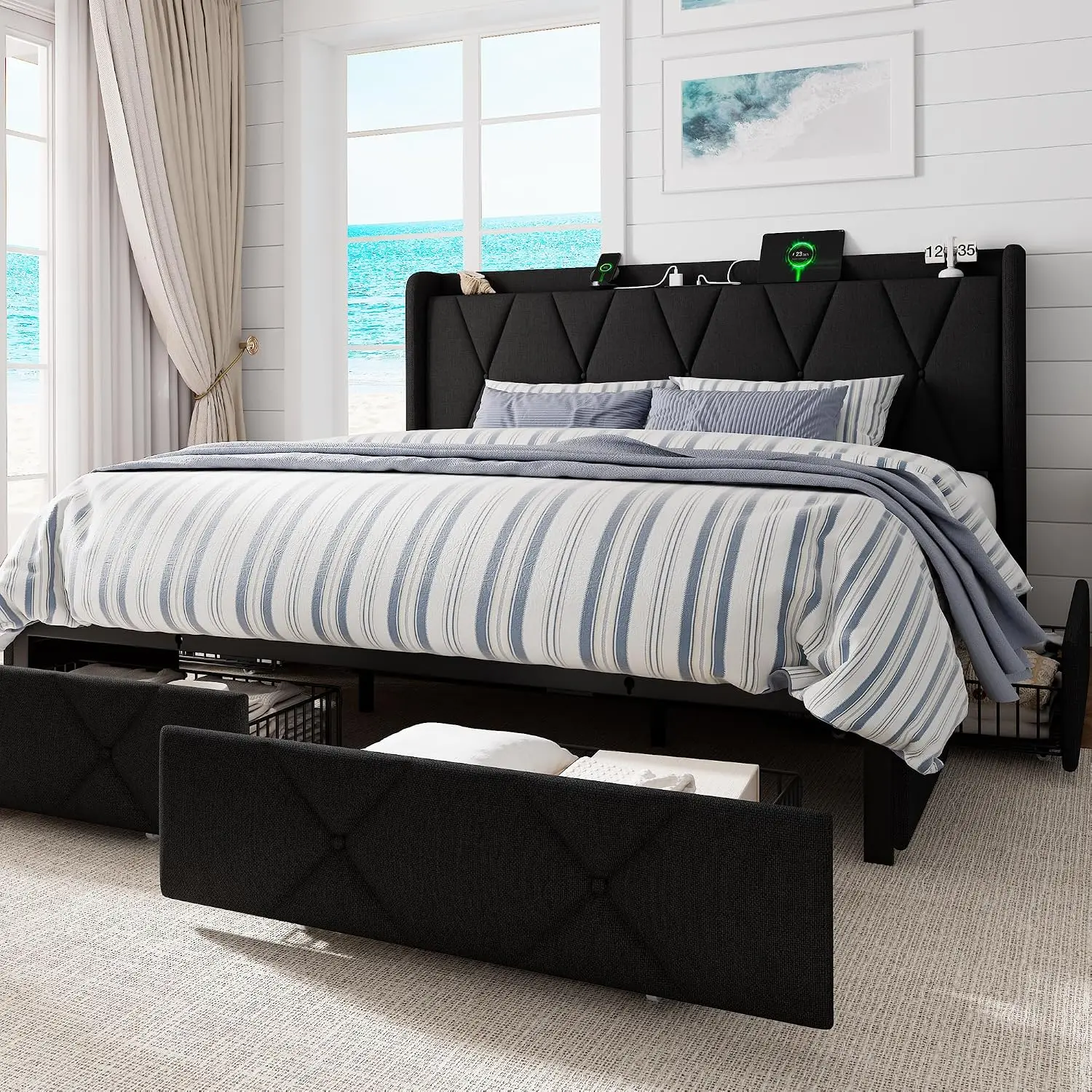 King Upholstered Platform Bed Frame 4 Drawers Charging Station Wingback Headboard Noise-Free, Customized