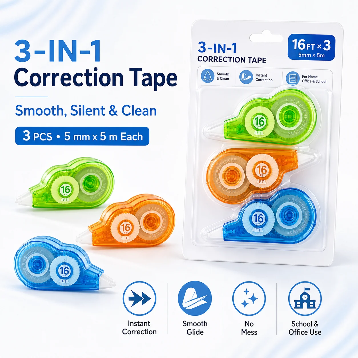 Large Capacity Correction Tape for Middle School Students, Silent Smooth Durable No Trace Correction Tape