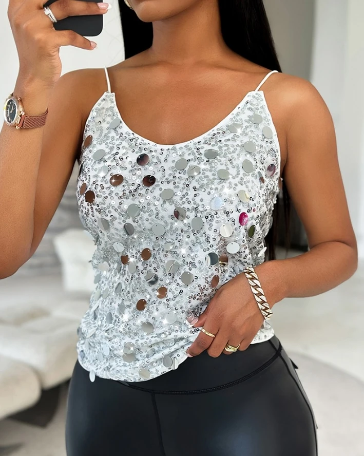 Women's Retro Fashion Vest 2025 Spring Summer Latest Allover Sequin V-Neck Spaghetti Strap Tank Top Versatile Minimalist Sling