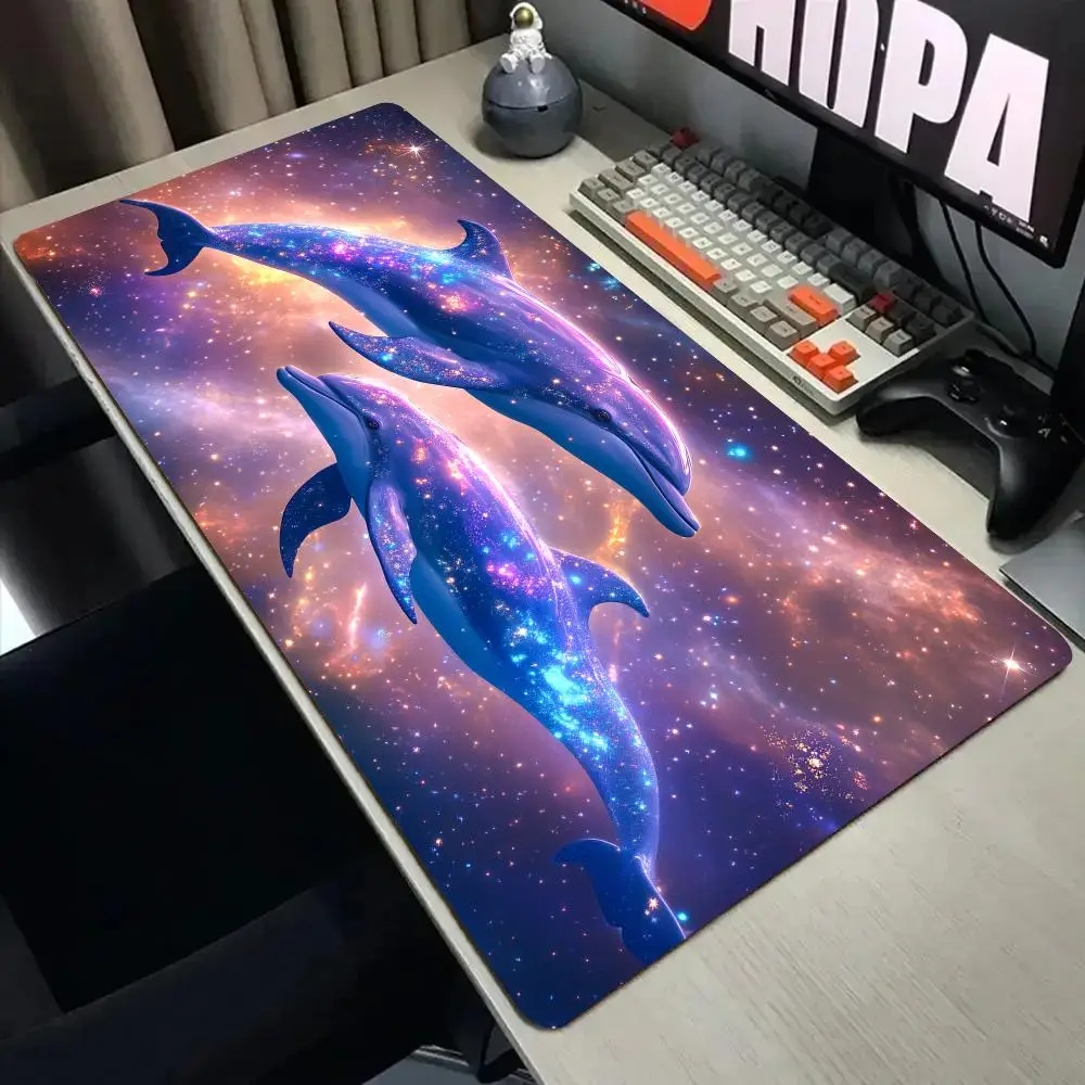 Dazzling Starry Sky Dolphin Mouse Pad Desk Mat with Stitched Edge XXL Mousepads Rubber Anti-slip Gamer Keyboard Rug Gaming Mats