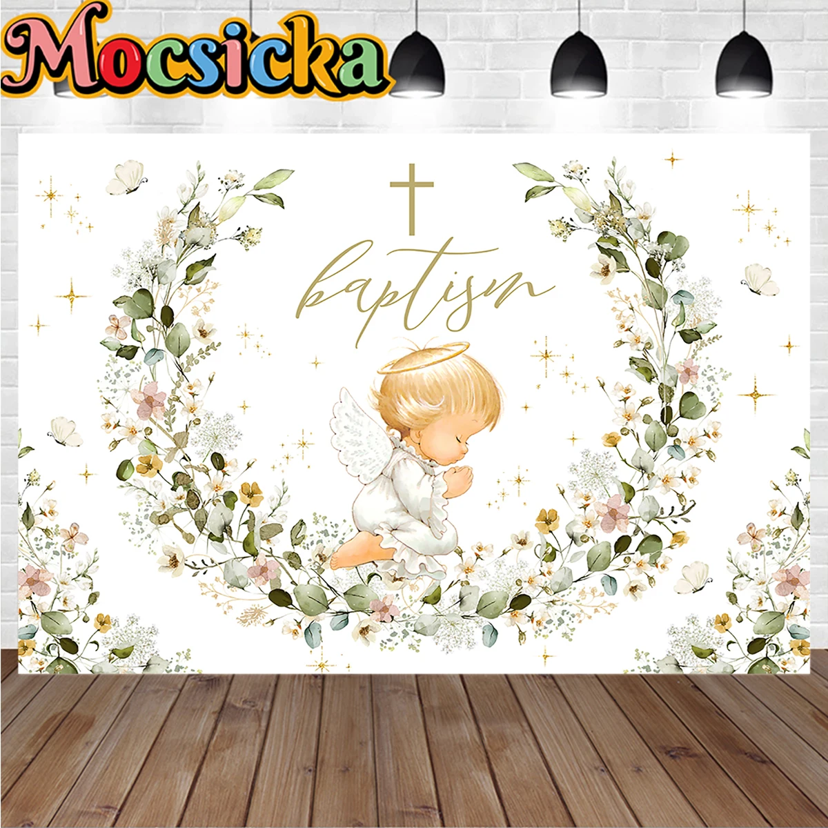 Angel Baby Shower Background Banner Newborn 1st Baptism Holy Communion Green Leaves Decor Backdrop Prop Flowers Butterfly Booth