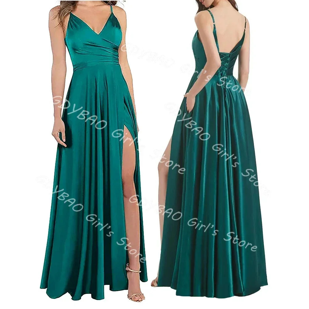 Women's Strap Bridesmaid Dresses for Wedding Party Pleated Satin Prom Dress With Slit Long Plus Size Evening Gowns Custom Made