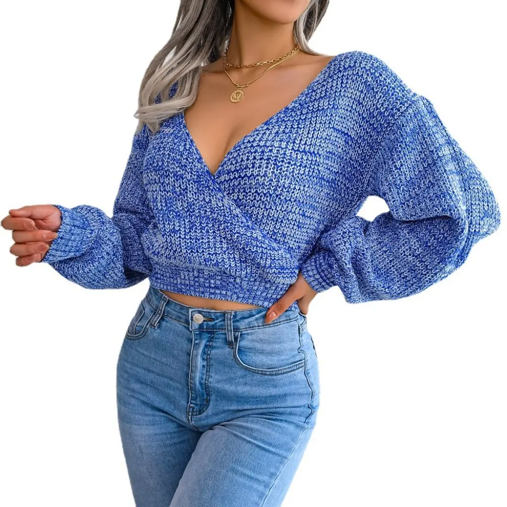 

Women's Autumn Winter V-Neck Lantern Sleeve Sweater European American Style Color Block Navel High Street Fashion Knitwear