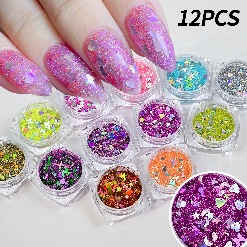 12 Pz/set Farfalla/Cuore/Stella Frammenti Cielo Stellato Polvere Unghie Artistiche Paillettes Brillanti Ultra-sottili Glitter Per Unghie FAI DA TE Decorazioni Per Unghie