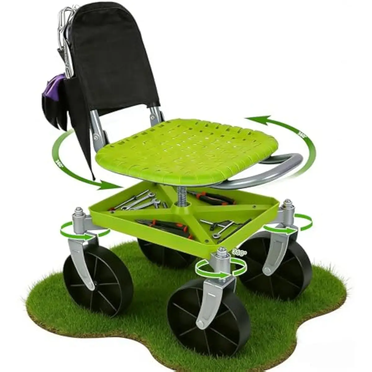 Garden Stool with Adjustable Height 12.6-16.1 Inches, 360-Degree Rotating Seat & Dual Swivel Casters, Heavy-Duty Steel Frame, Ba