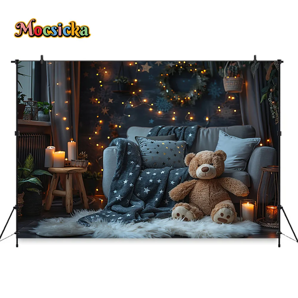 Baby Bear Show Background Blue Night Sky Gold Glitter Stars Backdrop Wallpaper Sofa Candle Decor Newborn 1st Birthday Photocalls