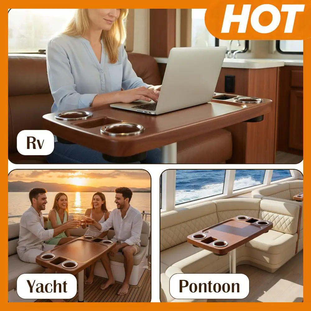 

Marine RV Outdoor Boat Tea Table 4 Drink Holders 2 Phone Stands 34X18 Inch Wood Grain Balcony Table Plastic Ship Accessories