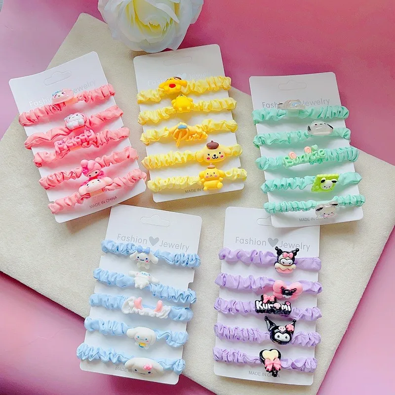 5PCS/Set Sanrio Kuromi My Melody Cinnamoroll Cord Hair Ring Cute Sweet Head Rope High Elastic Kawaii Rubber Band Girl Heart Gift