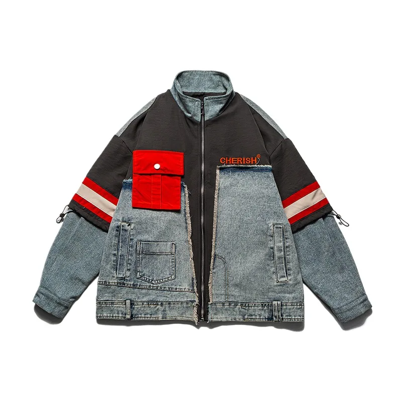 

Men's High Street Hip Hop Jeans Jacket With Patchwork Fashion Streetwear Patched Denim Coat With Embroidery Baggy Y2K Outerwear