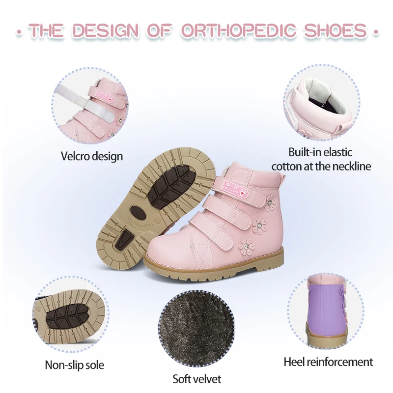 Children Pink Shoes Orthopedic Boots For Kids Winter Luxury Ankle Booties With Rhinestone Flower Leather Orthotics Footwear