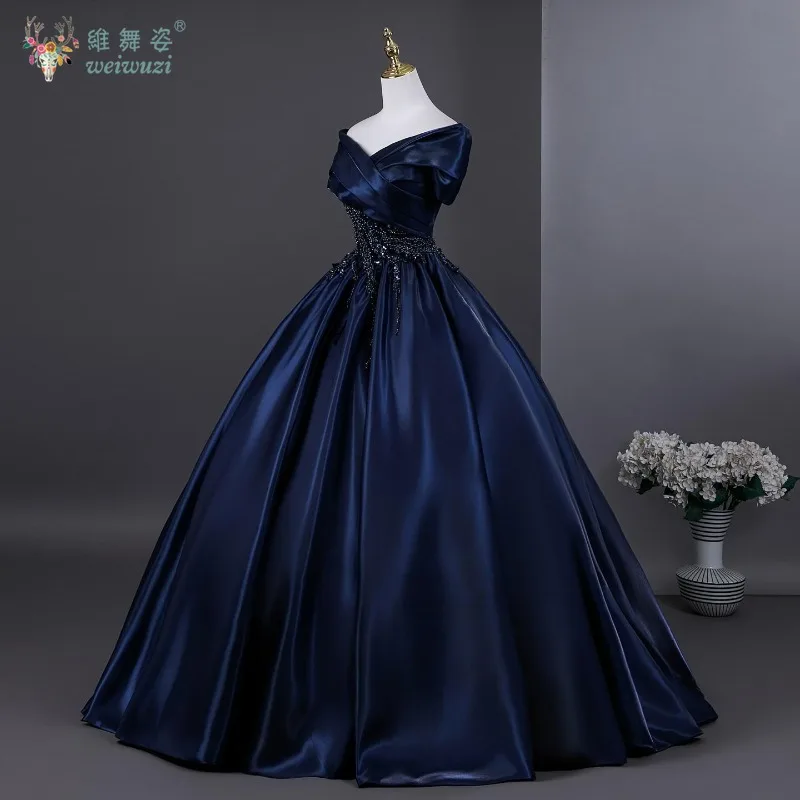 Exquisite marineblaue Pailletten-Applikationen für den Abend, Abschlussball, Prinzessin, Geburtstag, bauschig, A-Linie, Satin-Ball, Bühnenperformance-Kostüm im Vintage-Stil