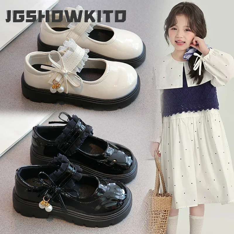 Fashion Autumn Girls Princess Shoes Soft PU Leather Glossy Ruffles with Pearls Pendant Kids Black Mary Janes for Wedding Party