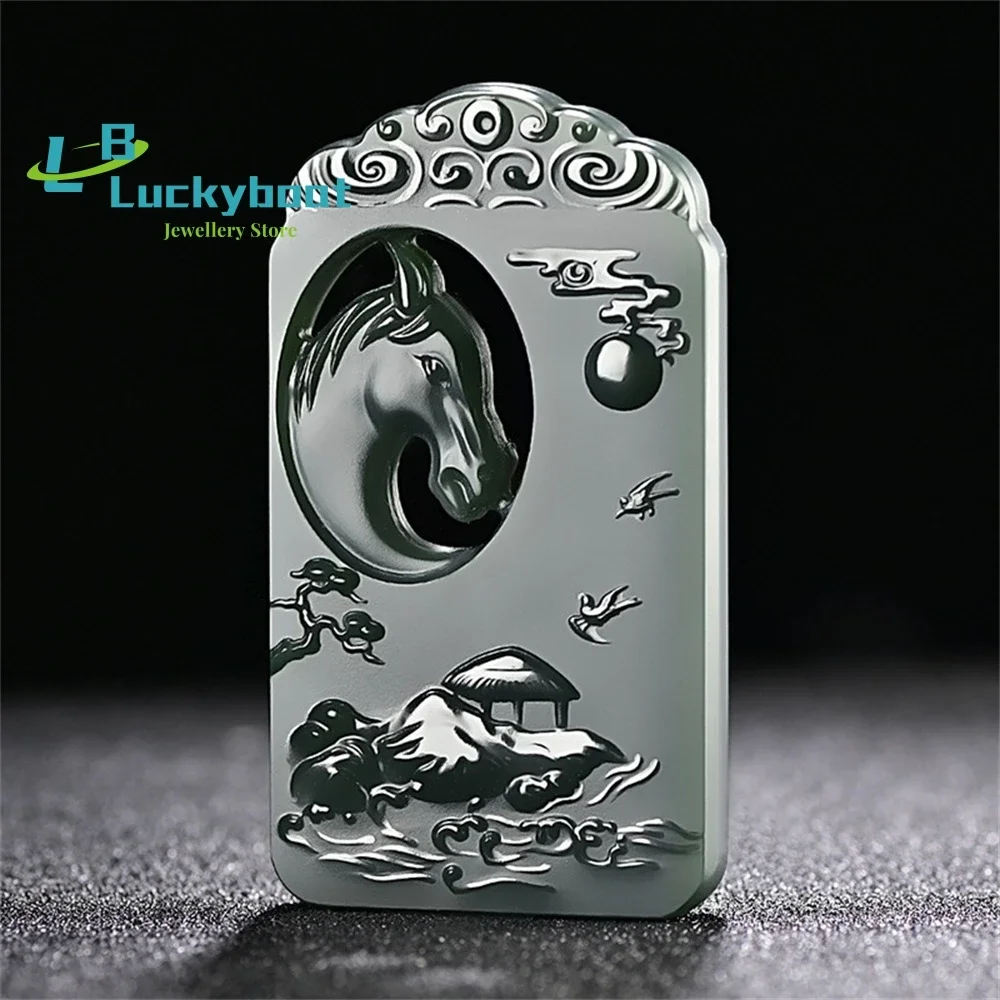 

Xinjiang Hetian Jade Sapphire Pagoda Green Landscape Jade Horse Pendant Men's And Women's Carved Pendant