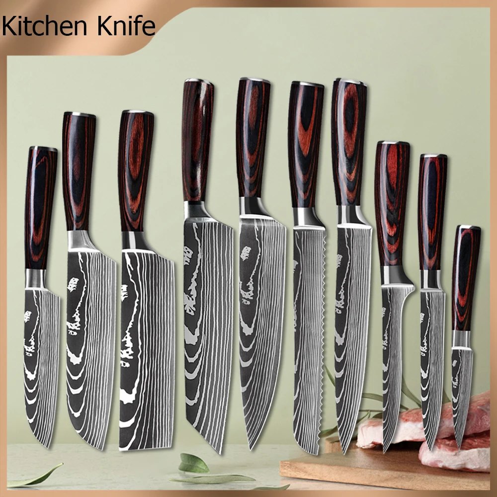 Chef Knife Stainless Steel 1-10PCS Set 7CR17 440C Laser Damascus Pattern Japanese Santoku Cleaver Slicing Utility Kitchen Knives