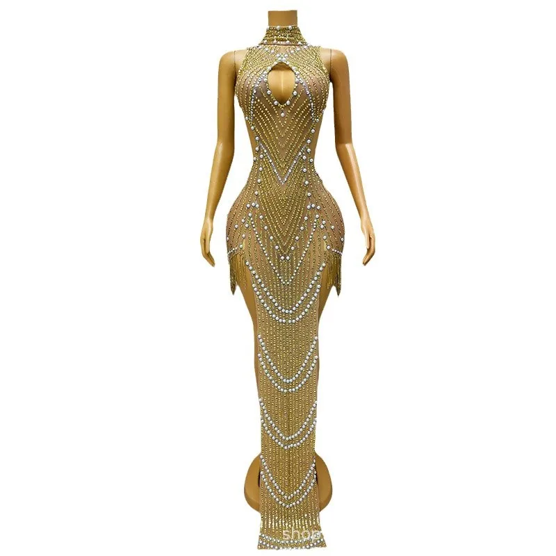 

Luxury Gold Glitter Rhinestone Piece Dress Adult Model Catwalk Trendy Clothing Company Annual Meeting Performance Dress Woman