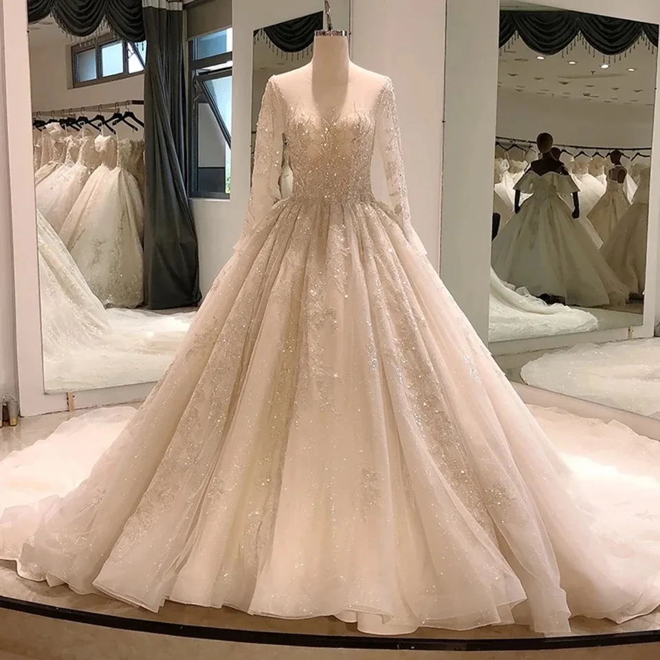 Luxury Sequined Appliques Tulle Wedding Dress Chapel Train Floor-length New Style Ball Gown Bridal Gowns O-Neck Customized