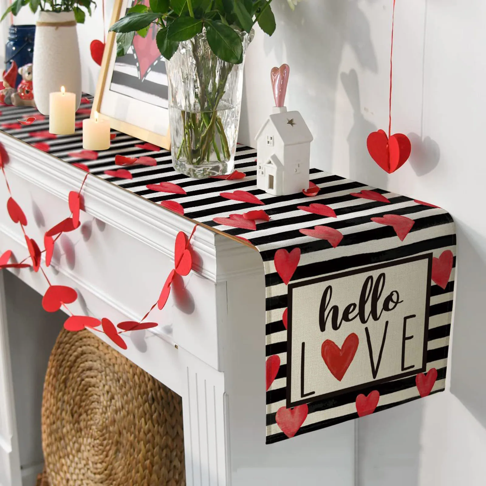 Valentine\'s Day Table Flag Loving Heart Table Runner,Linen Rose Dining Table Decoration For Wedding Bride Party Tablecloth