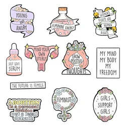 Feminist Enamel Pins Custom Self Love My Mind My Body Uterus My Freedom Brooches Cartoon Cute Collar Badge Jewelry Gift