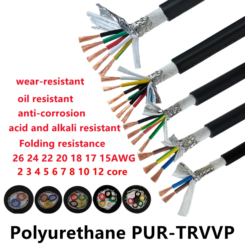 PUR tow chain shielded cable 26-15awg pure copper polyurethane 2 3 4 5 6 8 10-30 core bending resistant UV resistant cable