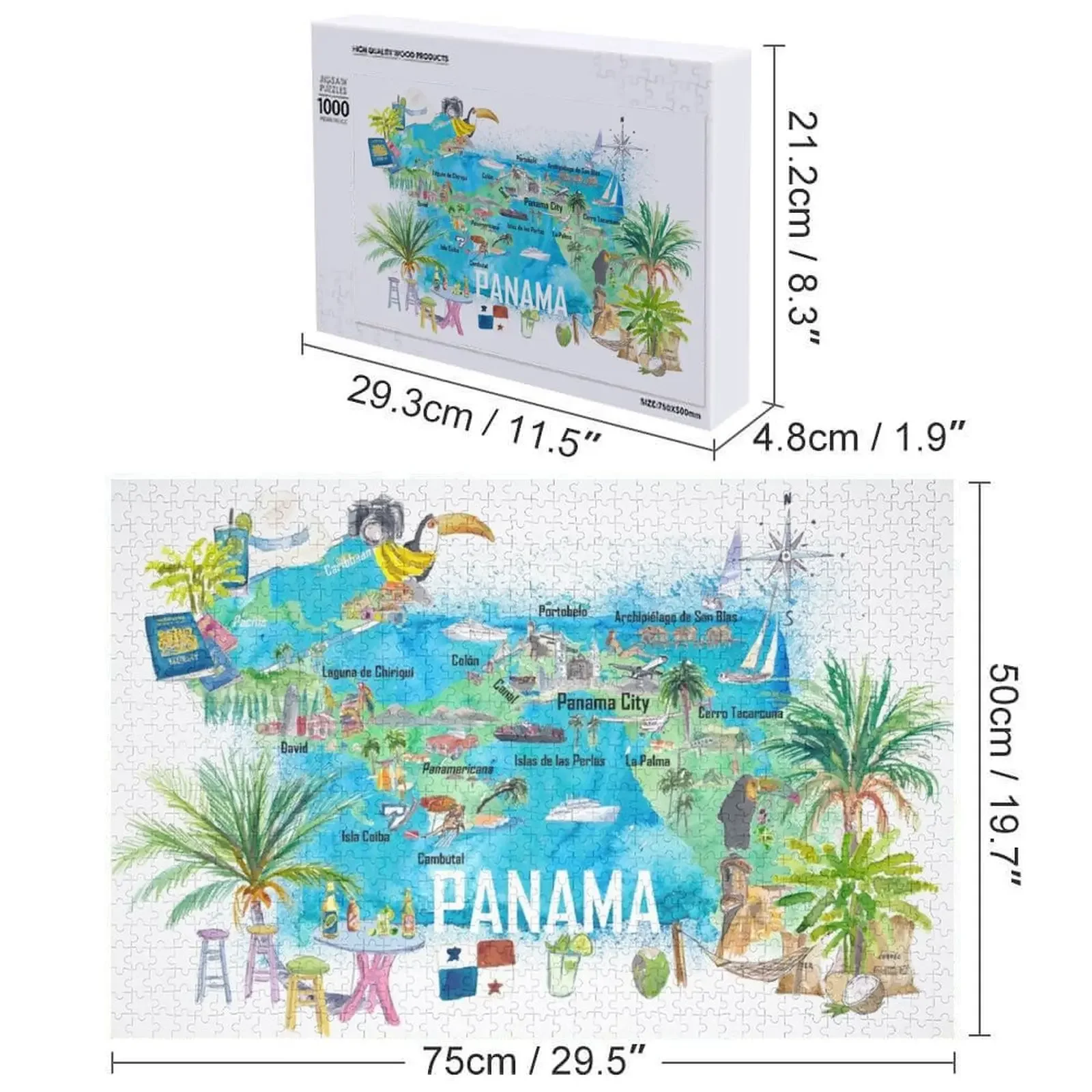 Panama Illustrated Travel Map with Tourist Highlights and Panamericana Jigsaw Puzzle Personalized Gift Puzzle