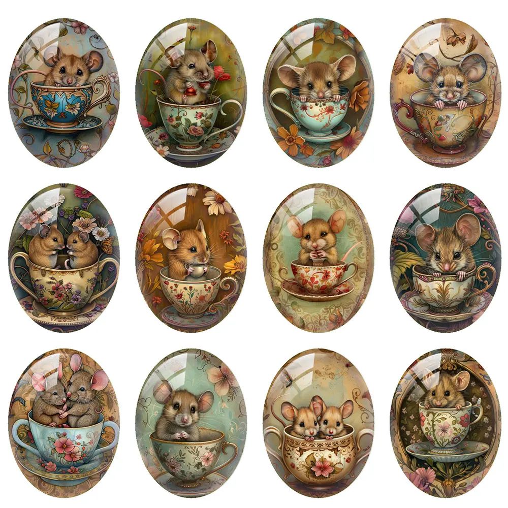 10pcs/lot Retro Flower Teacup Rat Mouse Oval Photo Glass Cabochon Flatback Demo Flat Back Cameo For Diy Jewelry Making Supplies