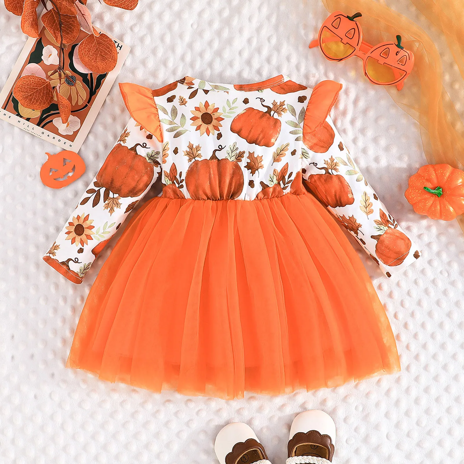 2024 Fashion Dress Kids Girls Long Sleeve Halloween Pumpkin Prints Tulle Princess Dress Sweet Girls Clothes Dress Size 1-4years