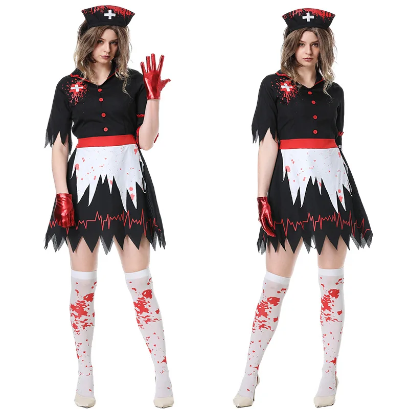

Black Vampire Costume Female Nurse Dress Nurse Hat Glove Sets Horror Zombie Cosplay Costume Party