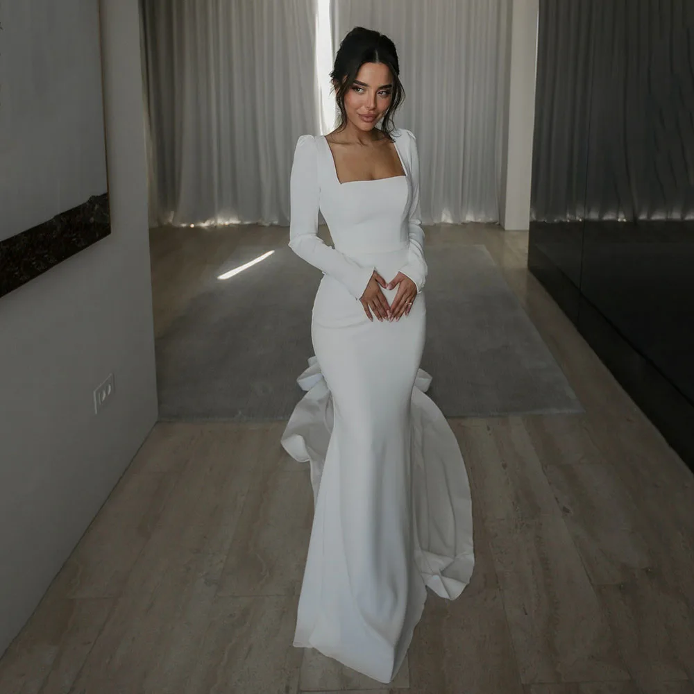 

Customized Elegant Wedding Dresses 2025 Mermaid Long Sleeve Bridal Gown Square Neck Button Court Train Classic Bride Dress