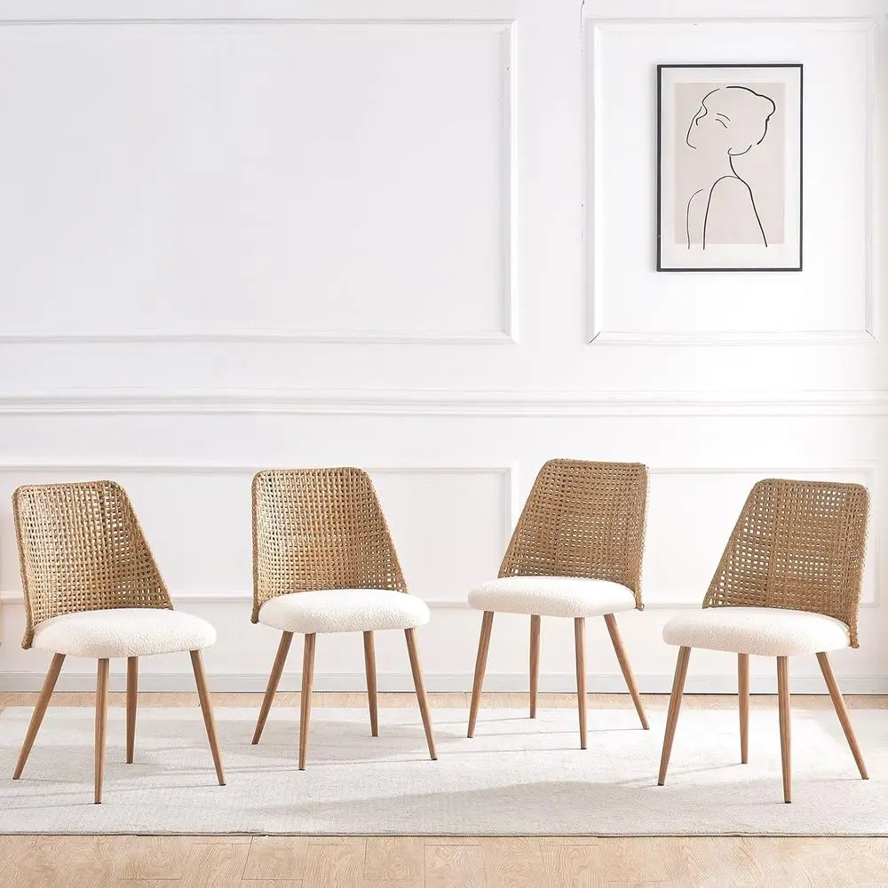 

Set of 4 Brown Rattan Upholstered Dining Chairs with PE Cane Back and Metal Legs for Kitchen/Restaurant