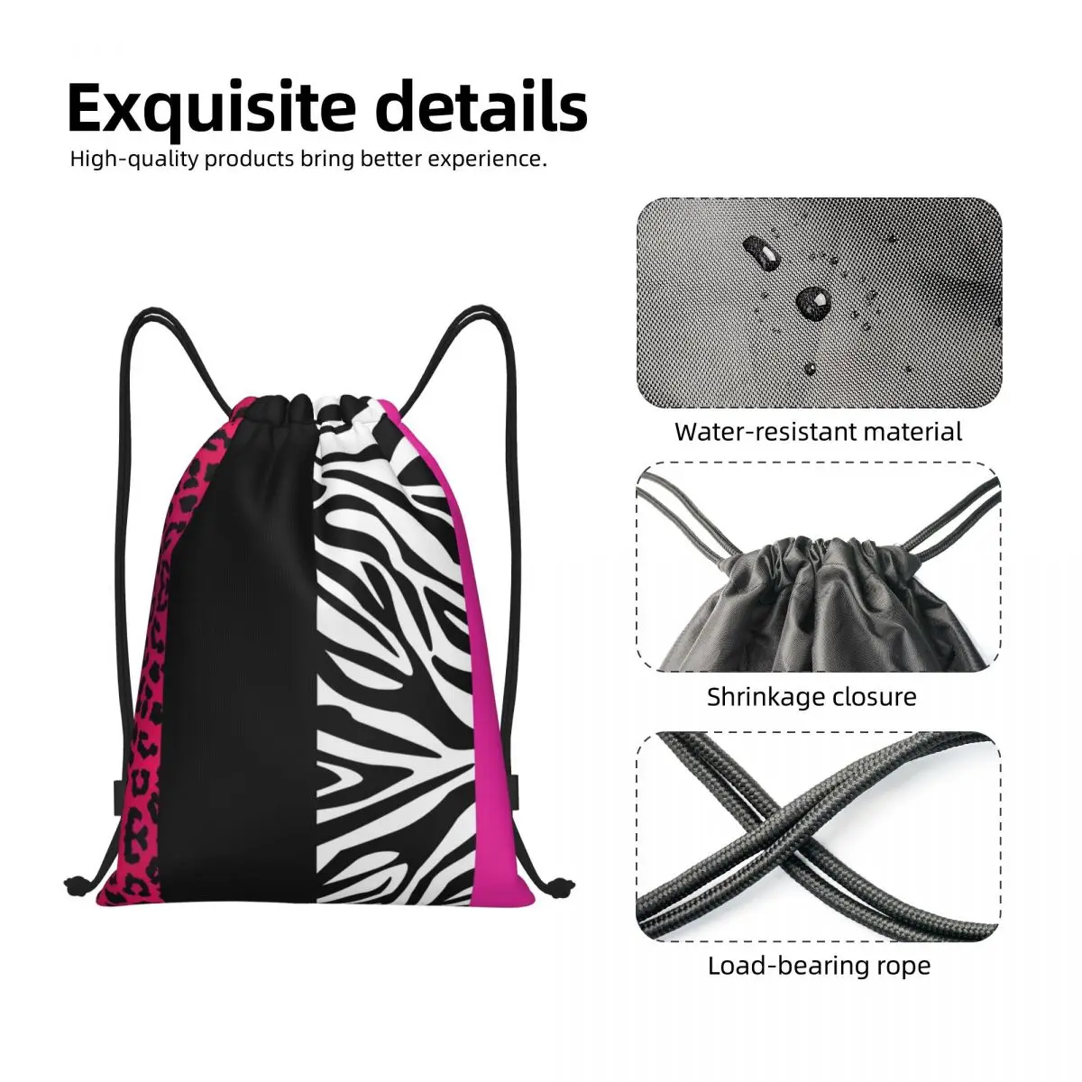 Custom Hot Pink Zebra And Leopard Animal Print Stripes Drawstring Bag Men Women Lightweight Sports Gym Storage Backpack