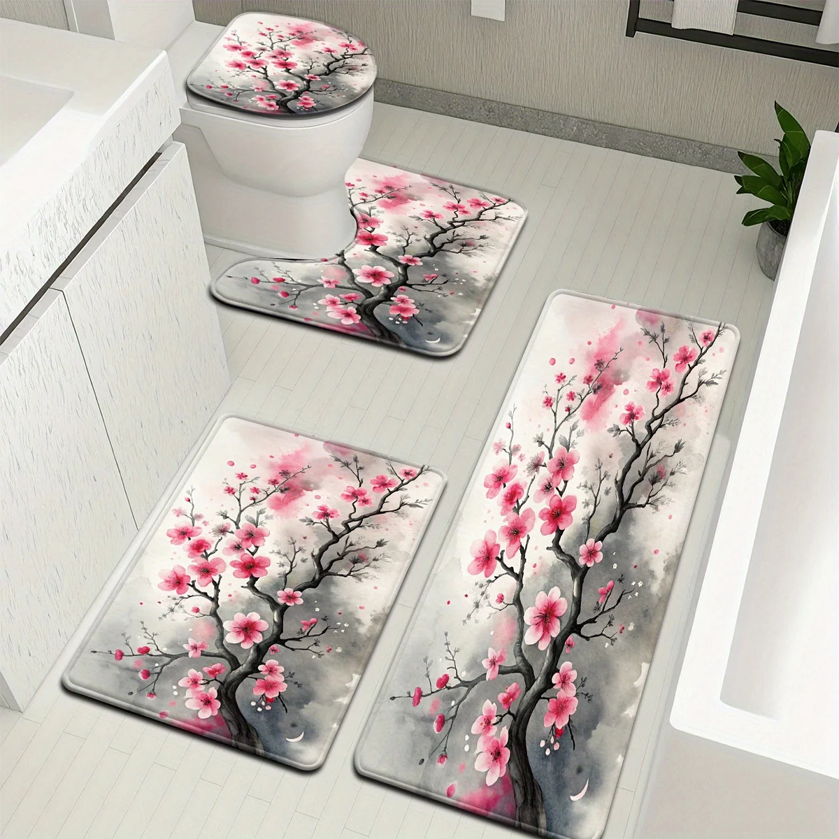 Elegant Floral Bath Mat Set Cherry Blossom Home Decor Toilet Seat Mat Slippers Spa Accessories Luxury Gift