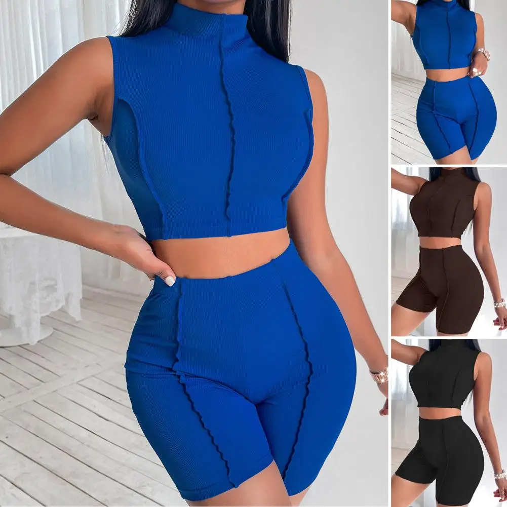 2 Pcs Women Tank Top Shorts Set Pullover Anti-pilling Sexy High Collar Waist-exposed Elastic Wais Vest Pants Suit Female Clothes