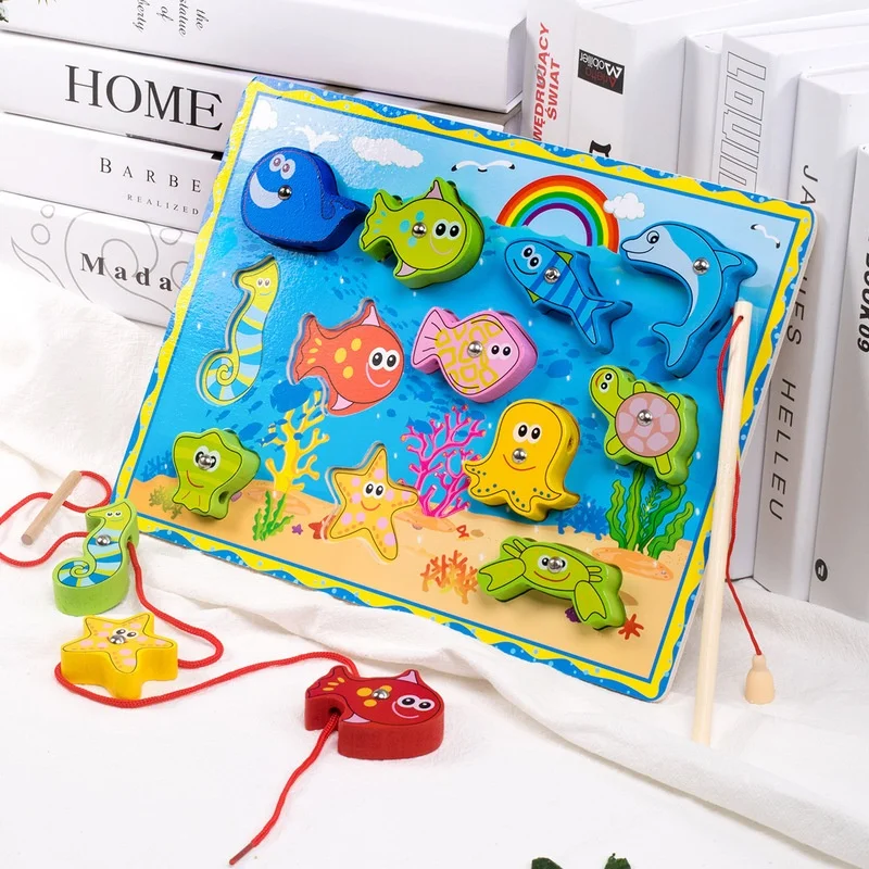 Wooden Magnetic Threading Fishing Animal Stereo Pairing Board Baby Beading Early Education Montessori Intelligence Toy